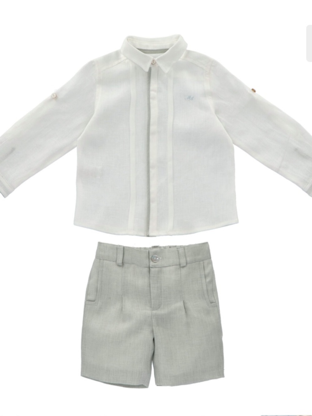 Kids White Linen Shirt & Light Gray Shorts Matching Set